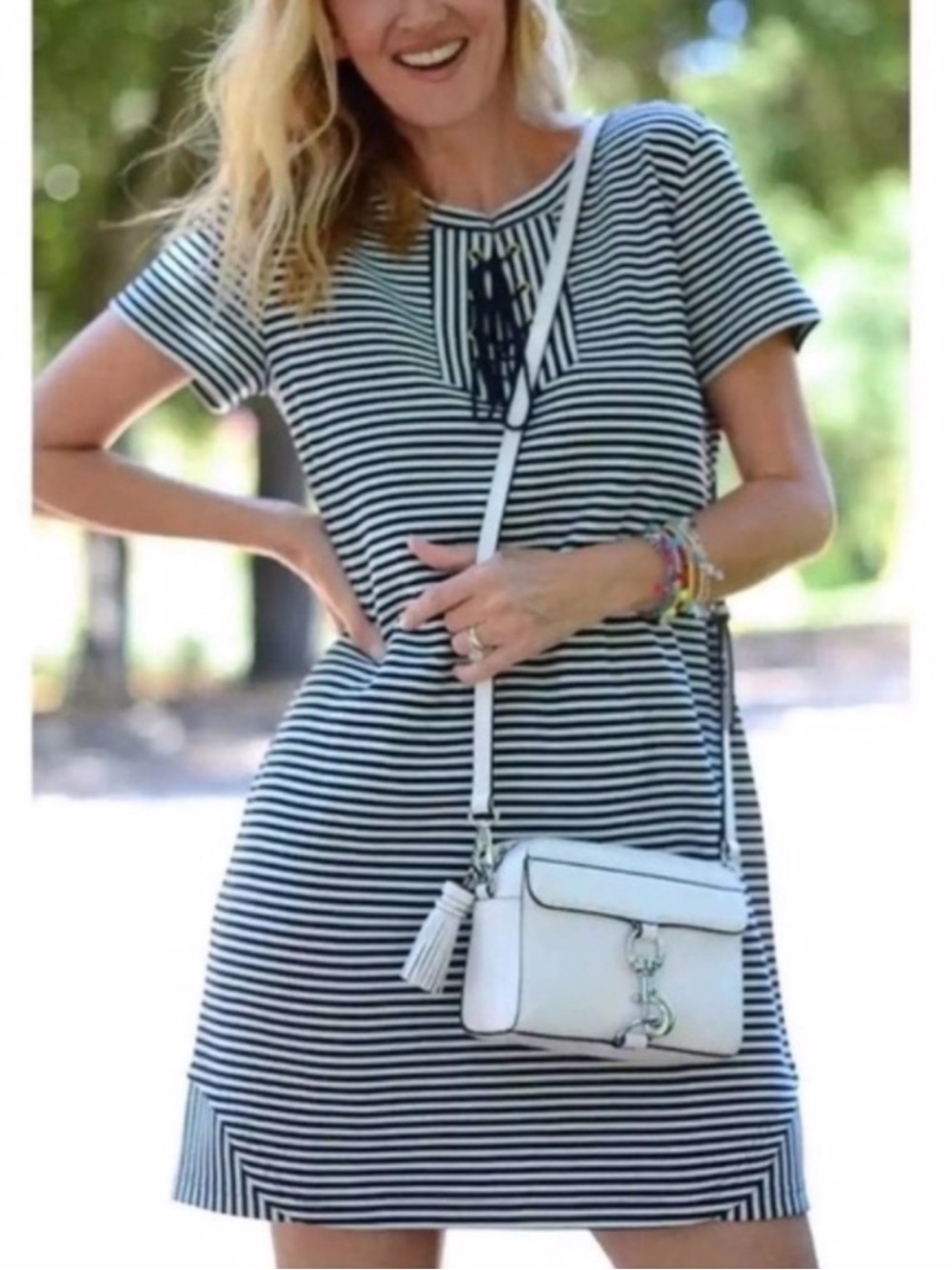 CAbi Blue Stripe Lace Up Dress Nautical Coastal Vacation Resortwear Pirate Mini
